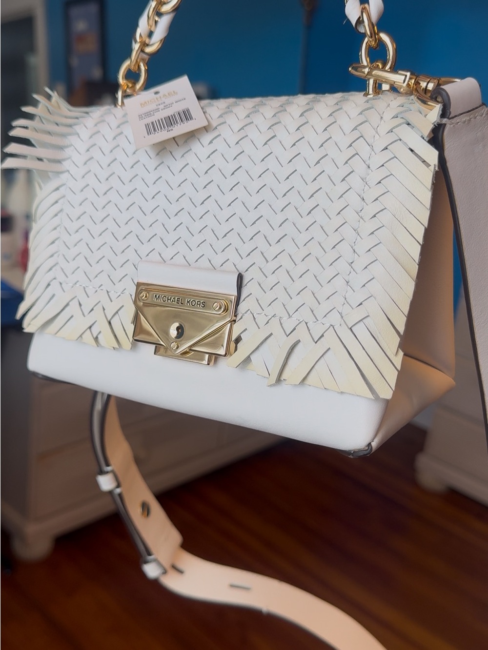 Michael Kors Cece Woven Leather Crossbody Bag White - Picture 6 of 7